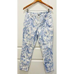 ELIE TAHARI Skinny Ankle Womens Pants White Blue Tropical Floral Bird Havana 10